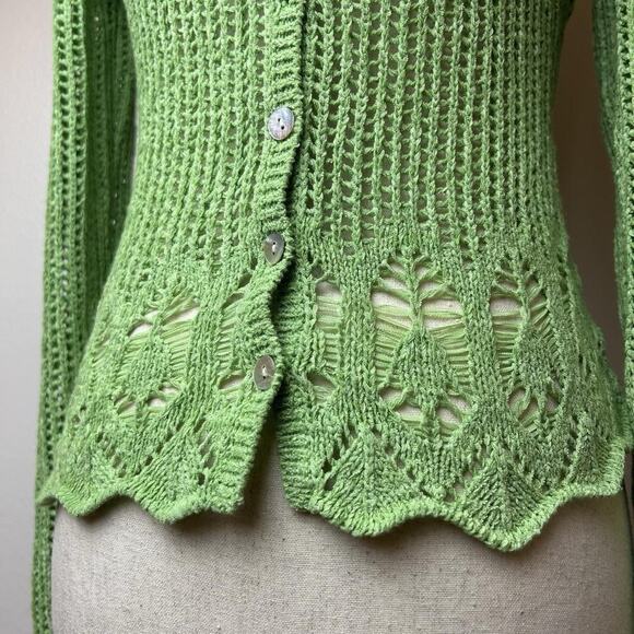 Vintage Y2K JH Lime Green Crochet Knit Cardigan Size Petite Small Cottage Boho - Picture 2 of 5